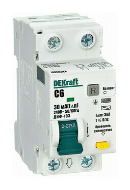 Дифавтомат DEKraft ДИФ-103 1P+N 6А (C) 4.5 кА, 30 мА ( AC ), 16050DEK