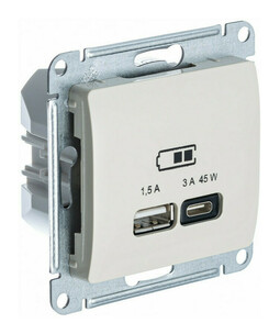 Розетка USB+USB type C Systeme Electric GLOSSA, скрытый монтаж, молочный, GSL000929